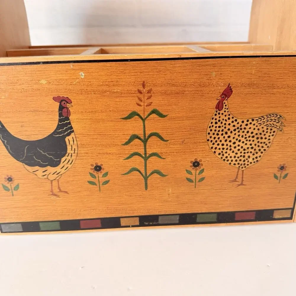 Vtg Kamenstein Wood Holder Silverware Utensil Caddy Chicken Rooster Cottage Core